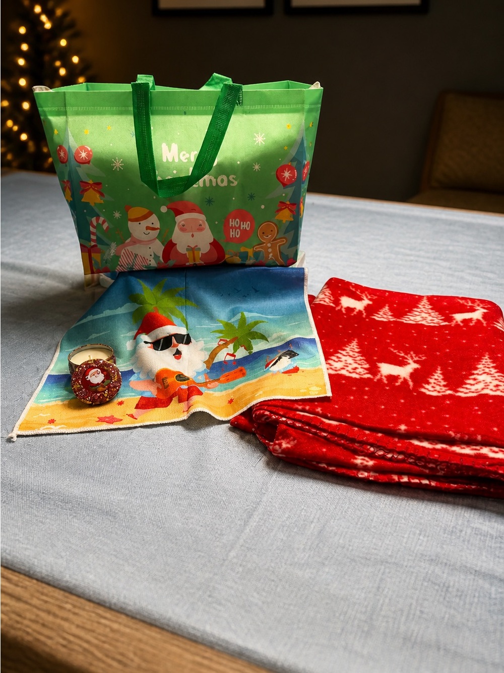 Festive Red Christmas Throw Blanket with Holiday Print, candle,towel. Tote. NWOT